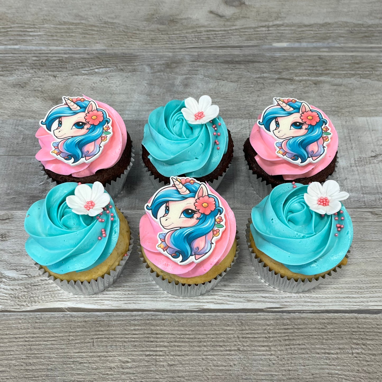 Cupcakes de couleur: licornes et fleur (version rose et turquoise)