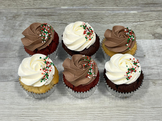 Cupcakes format régulier temps des fêtes 2025 : vanille, chocolat et sprinkles