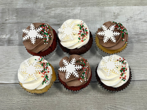 Cupcakes format régulier temps des fêtes 2025 : vanille, chocolat et flocons