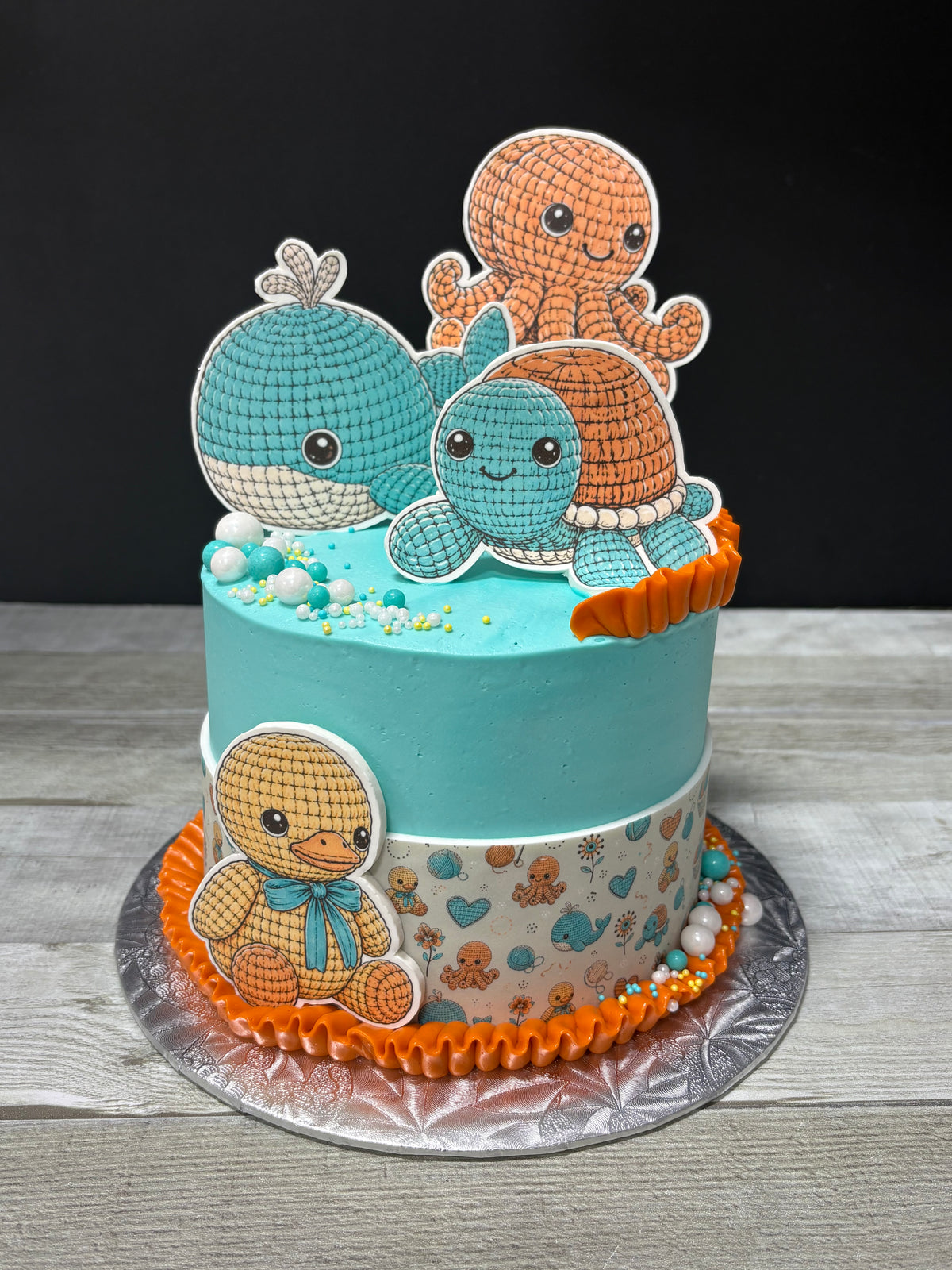 Gâteau thématique Imaginacake : petits animaux au crochet